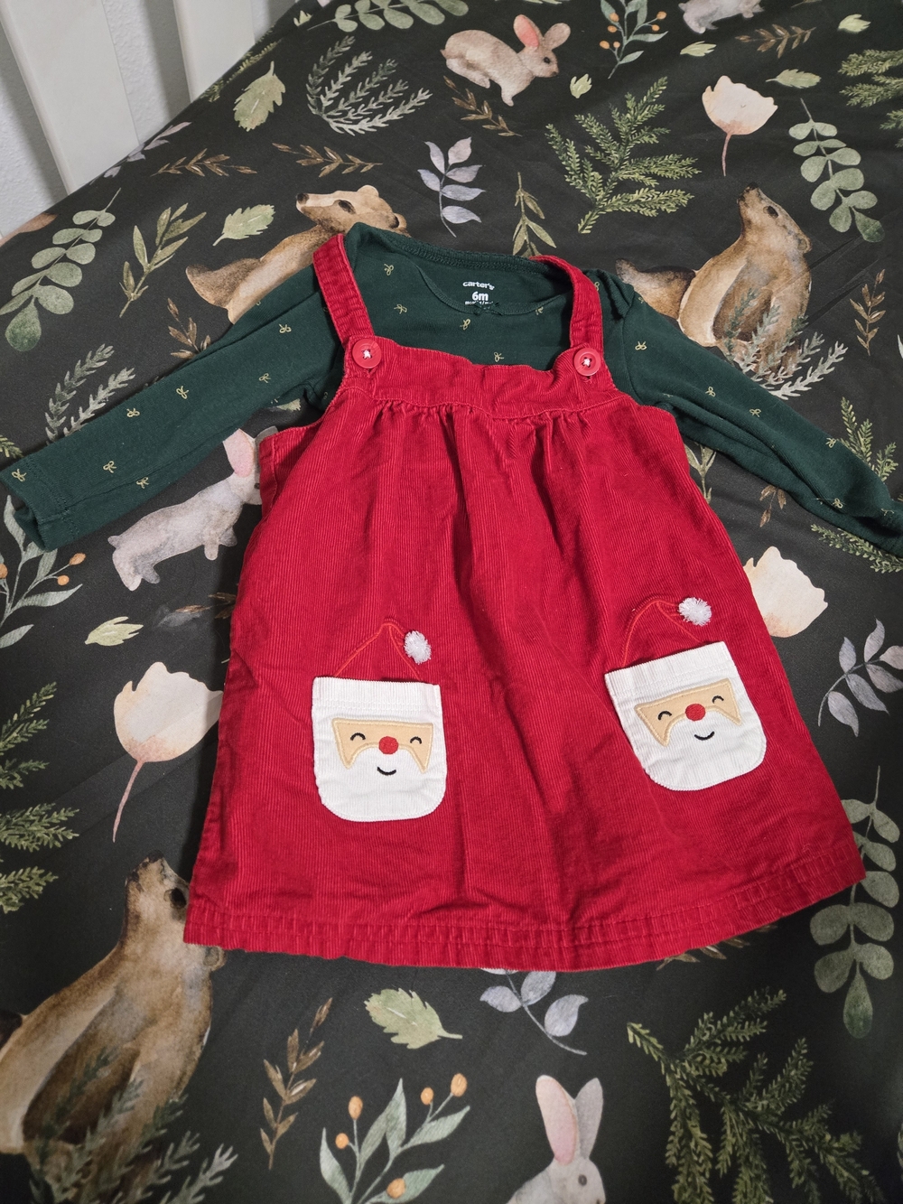 Christmas Carter's Red Corduroy Jumper Dress with Dark Green Bodysuit